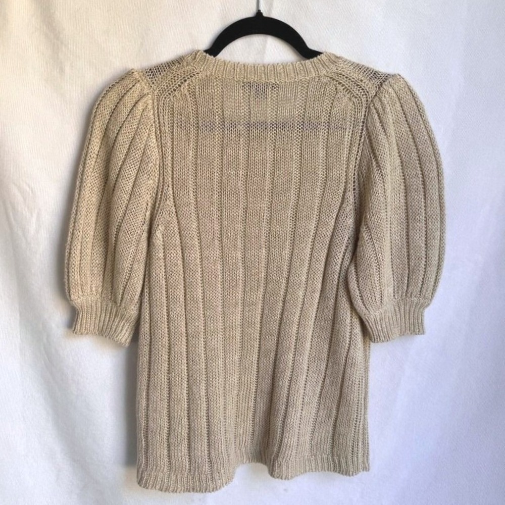 J. Crew Women S Beige 100% Linen Short Sleeve Puff Sleeve Ribbed Knit Top - Picture 4 of 4